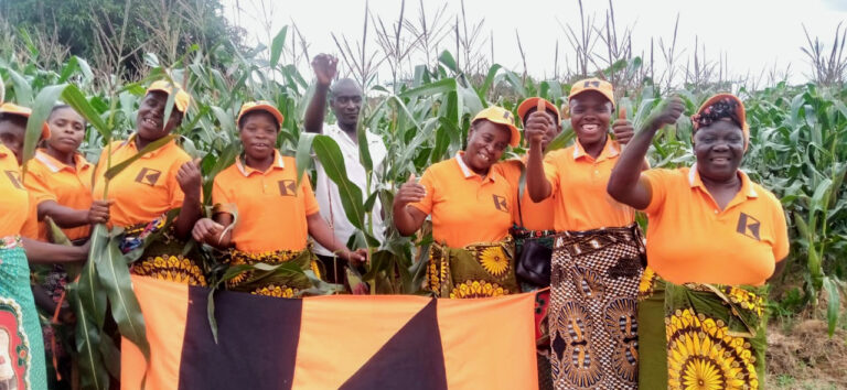 Mitglieder der Kolpingsfamilie Mzambazi halten eine Kolpingfahne und stehen in ihrem gemeinsamen Maisfeld.